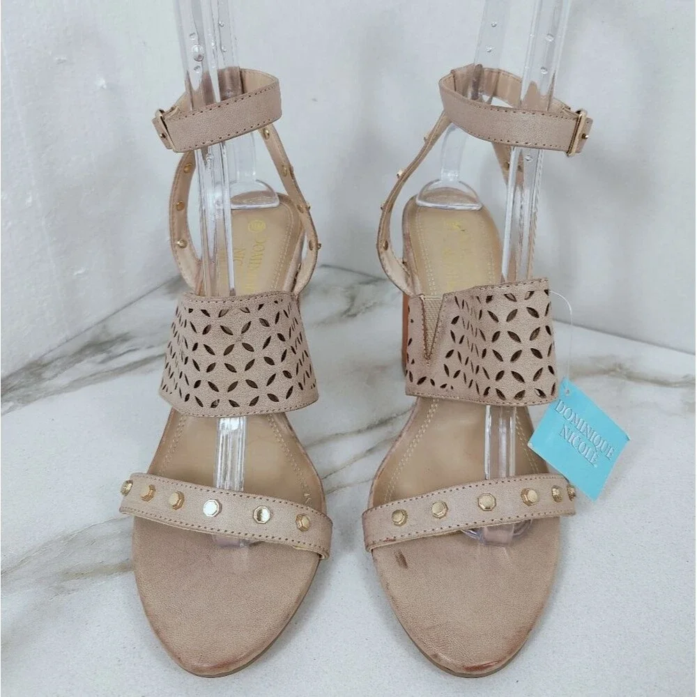NWT Dominique Nicole Tyne Beige Gold Studded Block Heel Ankle Strap Sandals, 11